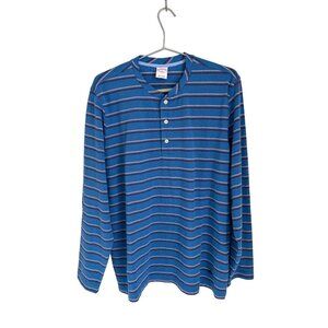 Brooks Brothers Cotton Henley Long Sleeve Blue with Red White Stripes Size Large